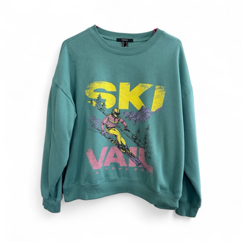 Forever 21 Women's Ski Vail Teal Graphic Pullover in Celadon Medium GUC